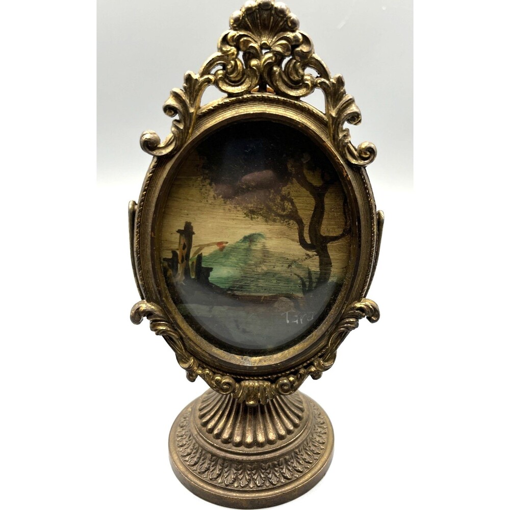 Vtg Tara Productions Italy Miniature Oil Painting Convex Glass Ornate Gilt Easel